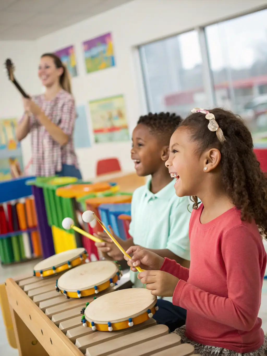 A photograph of children participating in an interactive music session, playing various instruments and singing along with an instructor, creating a joyful and engaging learning environment.