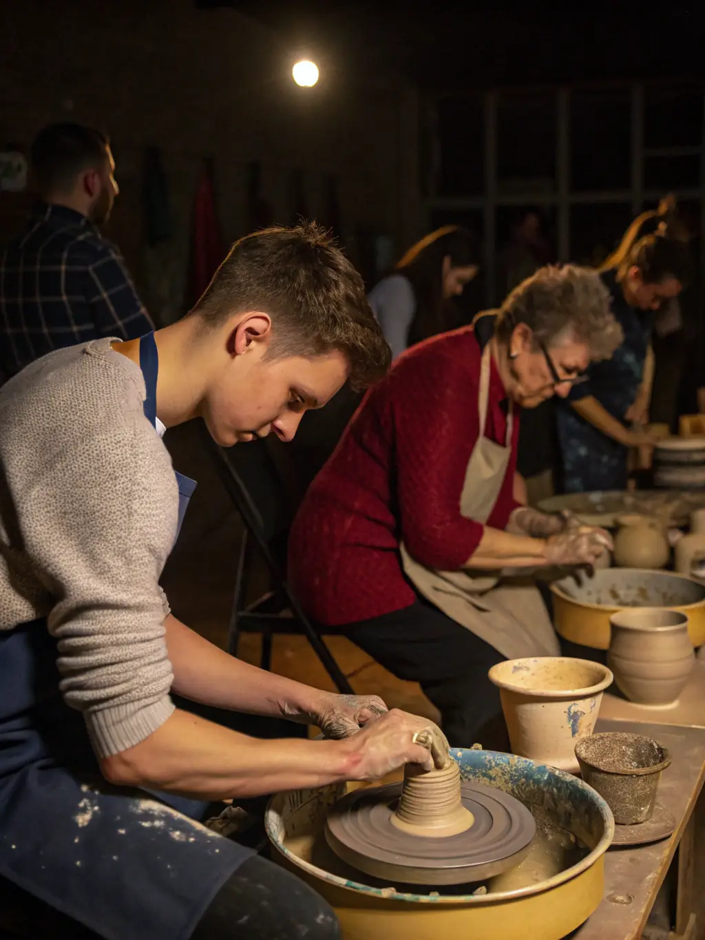 A photograph capturing a diverse group of participants actively engaged in a pottery workshop, their hands shaping clay with focused expressions, set in a brightly lit studio filled with various art supplies and finished pottery pieces.