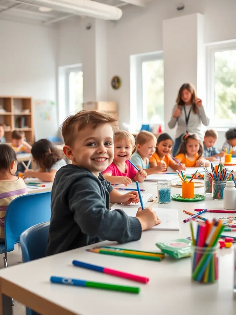 An image depicting an art class in session, with children and adults from various backgrounds learning new artistic skills, representing accessible arts education.