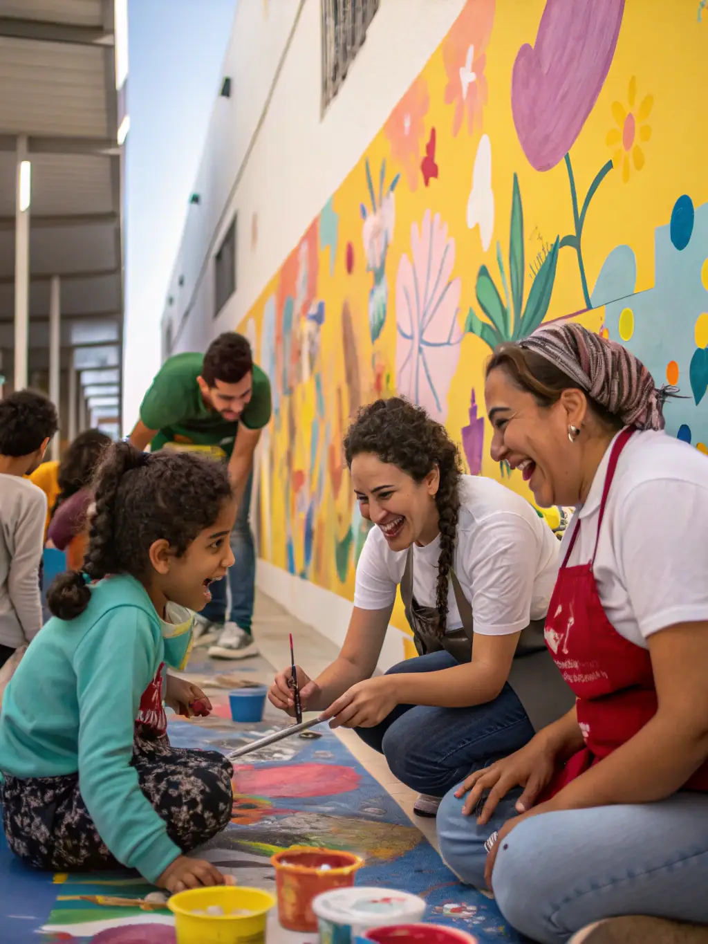 A vibrant image depicting participants engaged in a collaborative mural painting workshop, showcasing diverse age groups and artistic styles, set in a community center with natural light.
