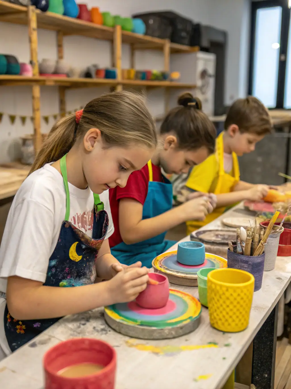 A close-up shot of children participating in a pottery class, their hands covered in clay as they mold and shape their creations, guided by an instructor.