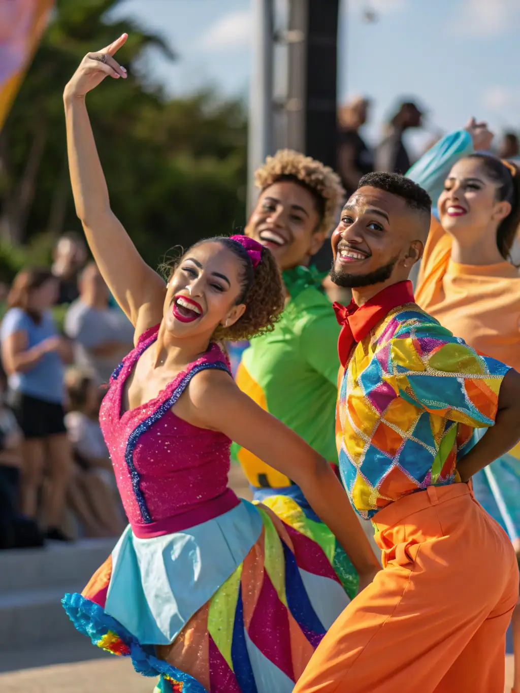 A photograph capturing a dance performance in a local park, featuring dancers of various abilities and backgrounds, with an audience enjoying the outdoor spectacle.