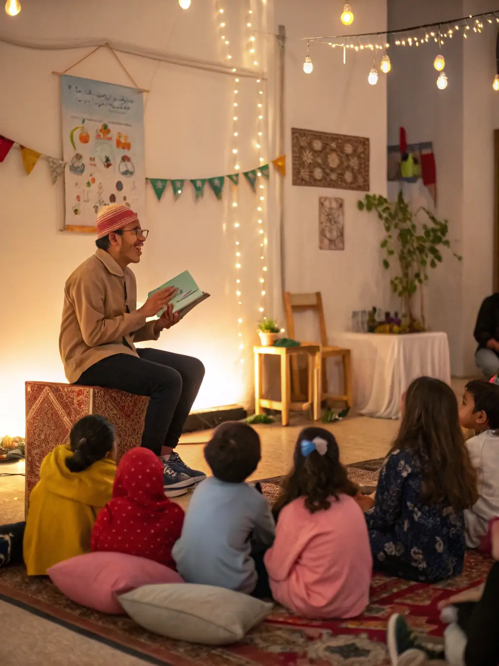 An image showing a diverse group of people attending a storytelling event in a cozy library setting, with a storyteller captivating the audience with expressive gestures.