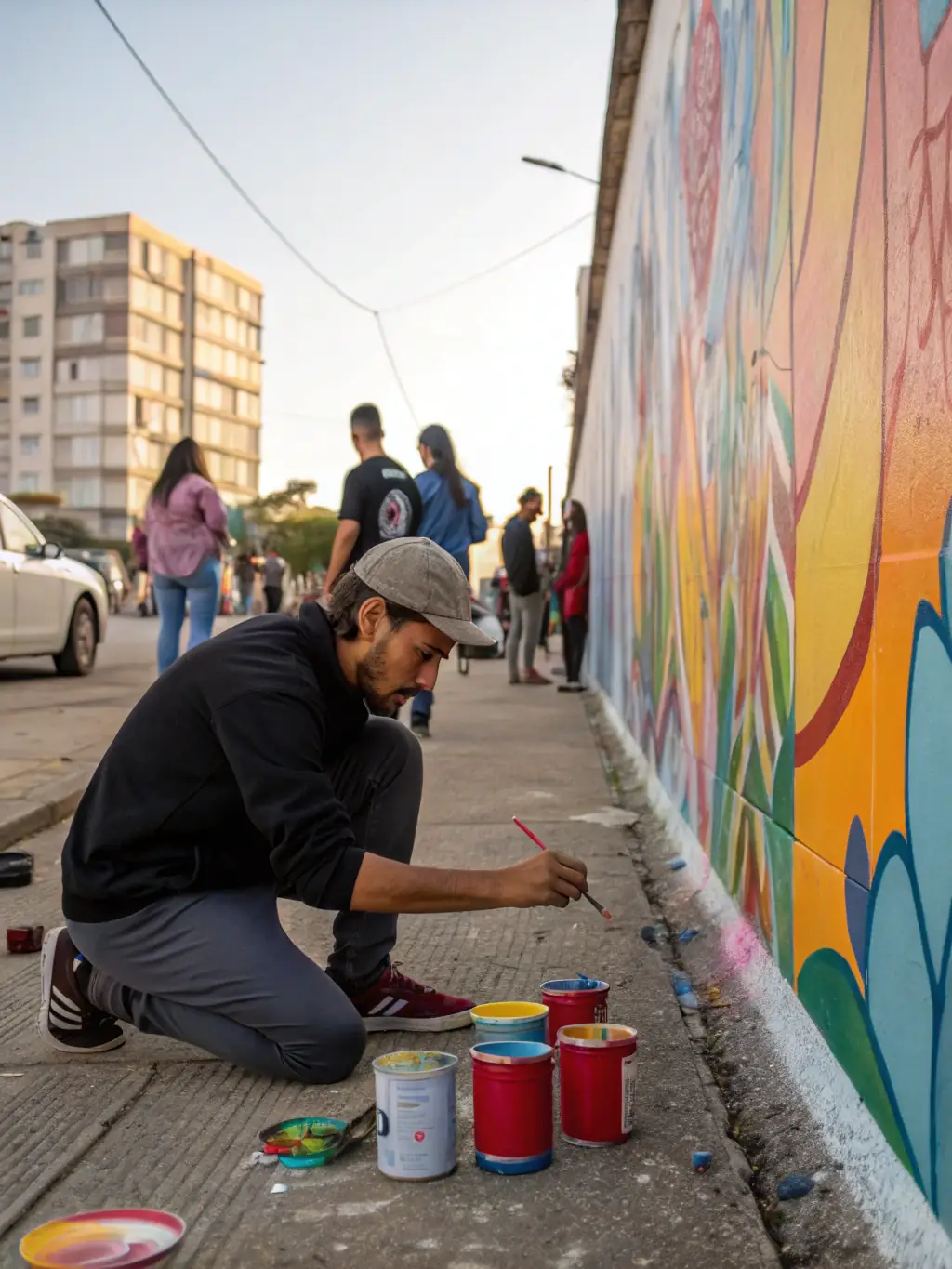 A dynamic image of a street art project in progress, showcasing artists collaborating on a large-scale mural that reflects local culture and community themes, with onlookers appreciating the vibrant artwork.