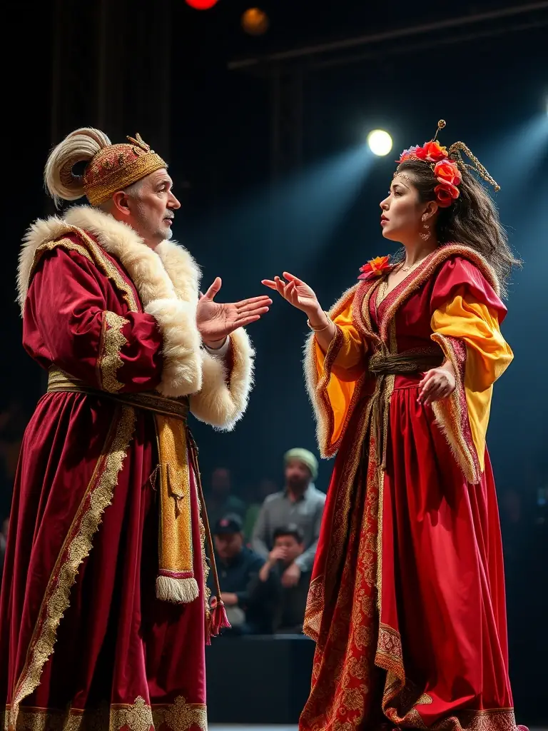 A captivating scene from a theatrical performance featuring actors in colorful costumes, delivering a powerful narrative on stage, with expressive lighting and a backdrop that enhances the storytelling.