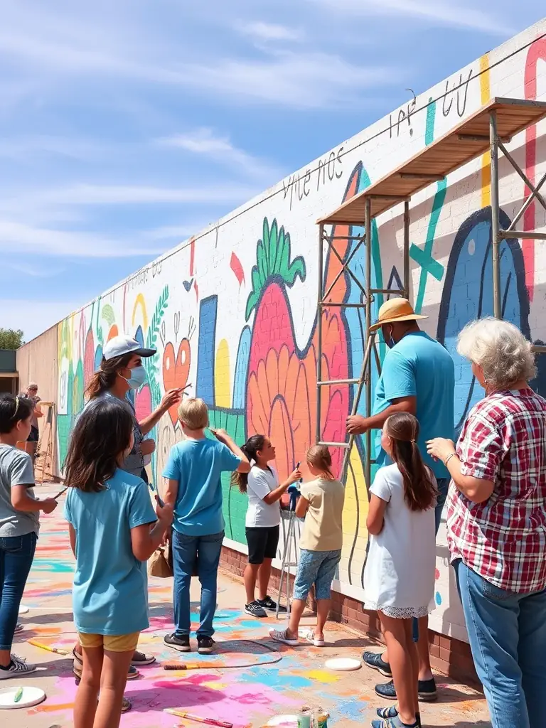 A photograph capturing a diverse group of people collaboratively painting a large mural in a community space, symbolizing enhanced community cohesion through shared artistic experiences.